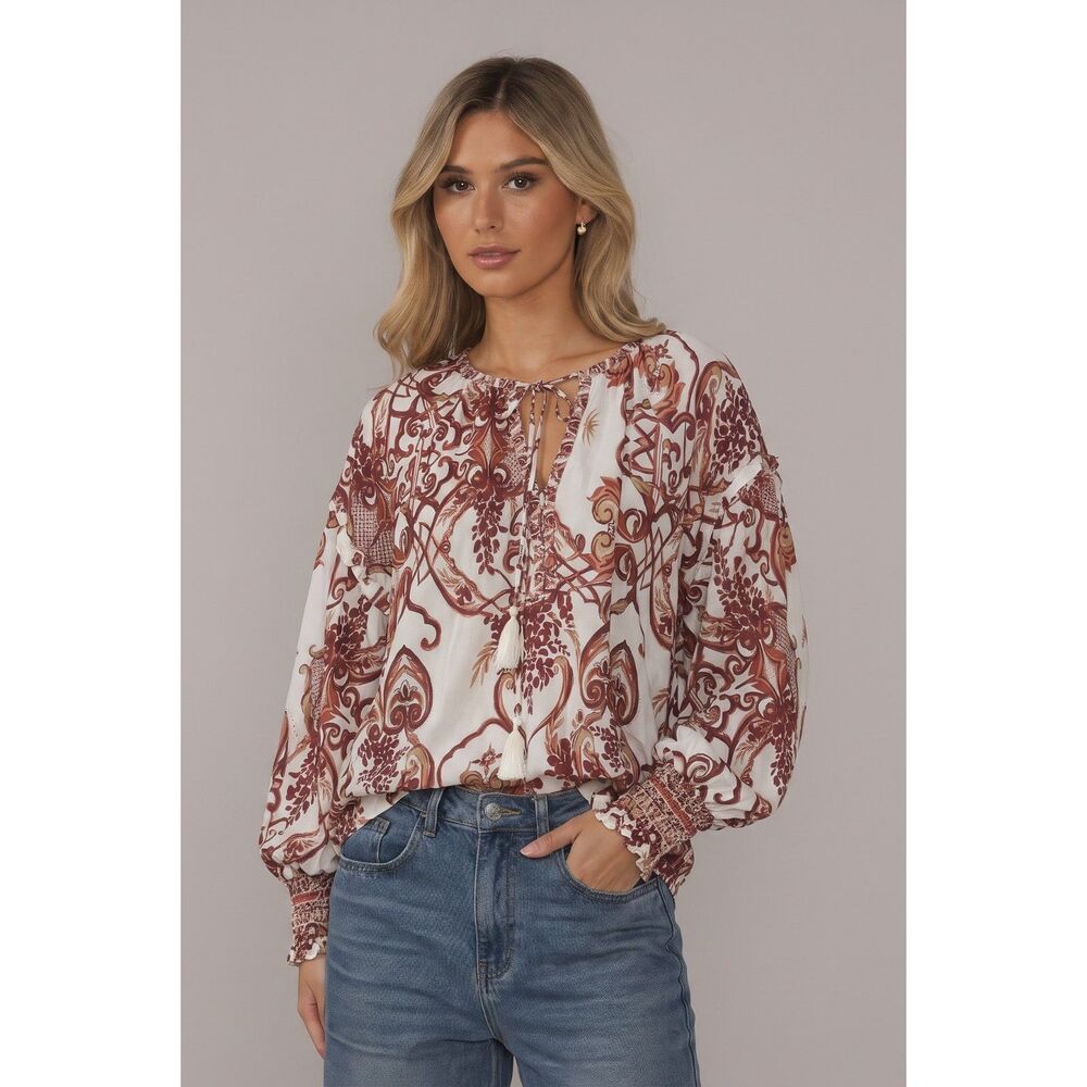 Kaktus Boho Blouse Womens XL Paisley Print Balloon Sleeve Bead Tassel Tie